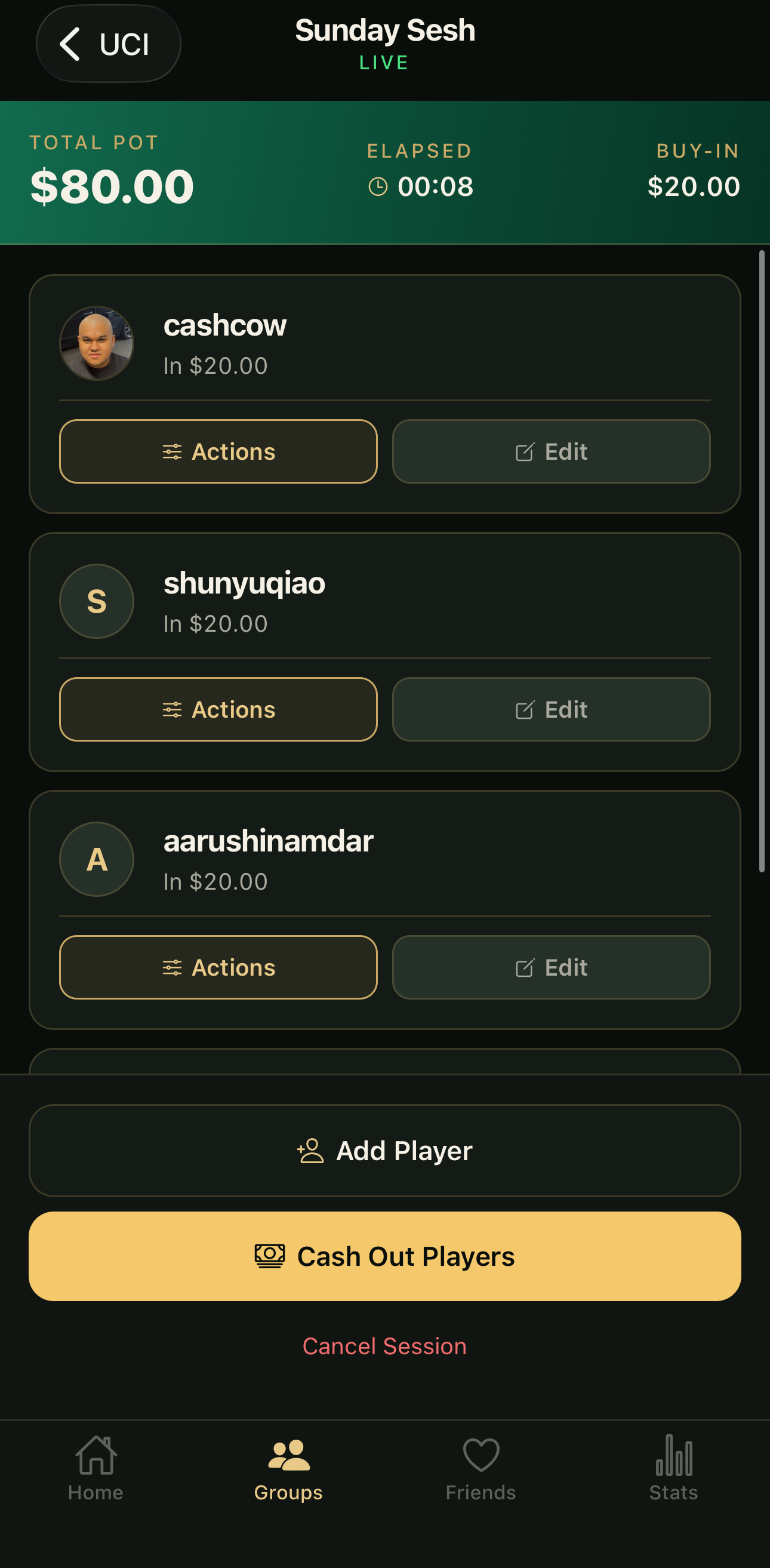 Live session screen: Sunday Sesh, $80 pot, three players, Cash Out CTA.