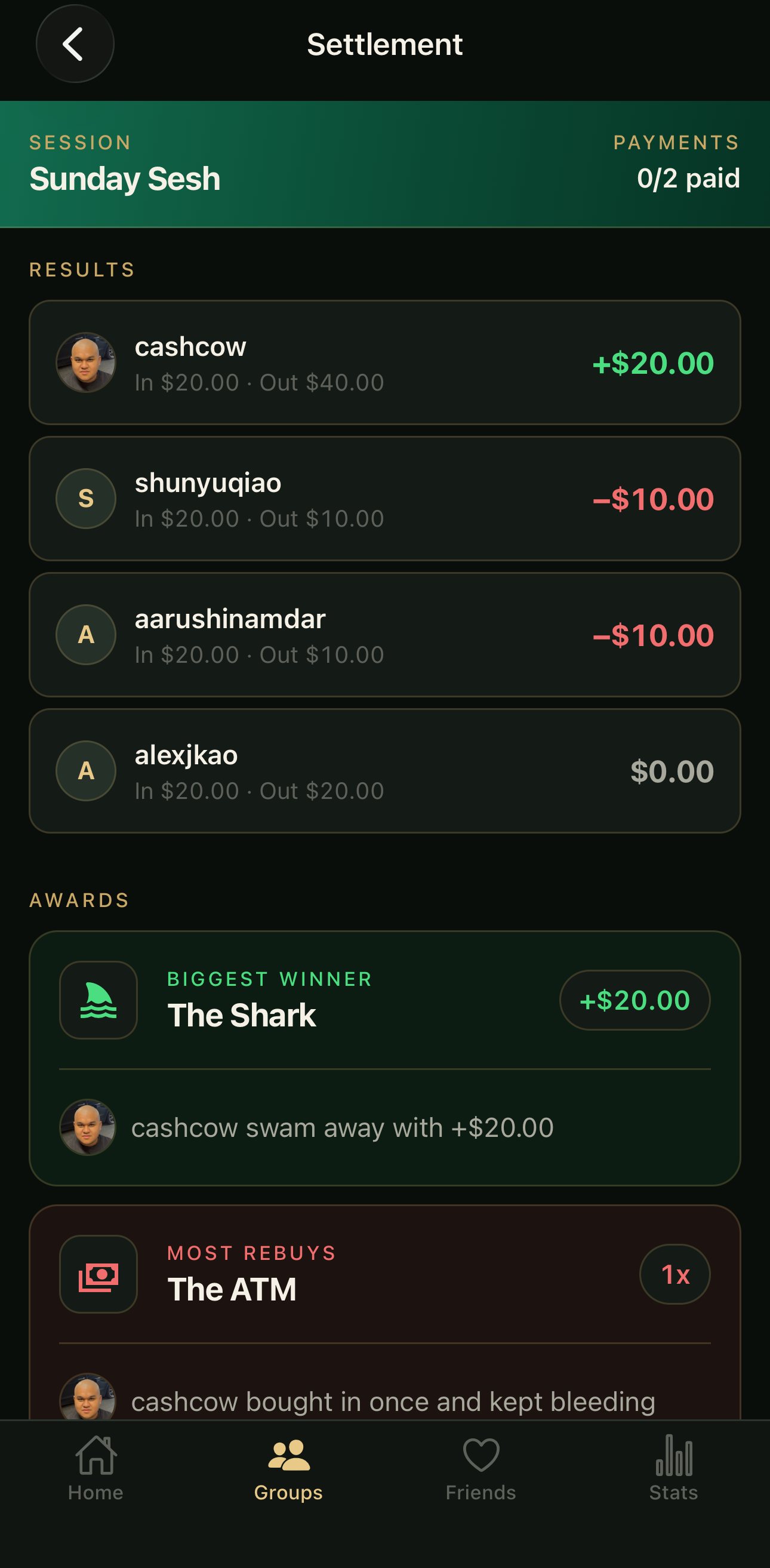 Settlement screen: results, awards, settle-up for Sunday Sesh.